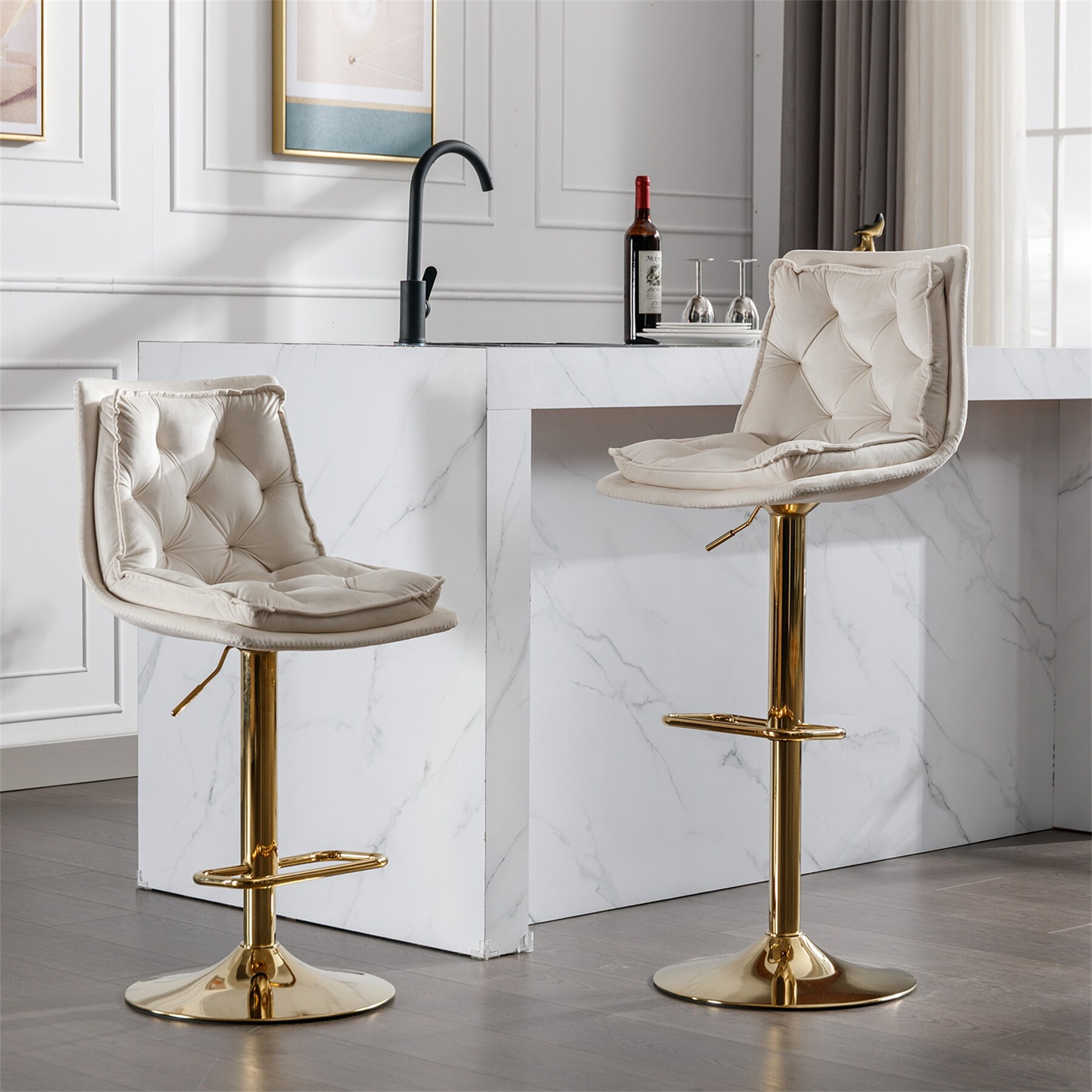 Velvet Bar Stools with Chrome Footrest and Base Swivel (Set of 2)