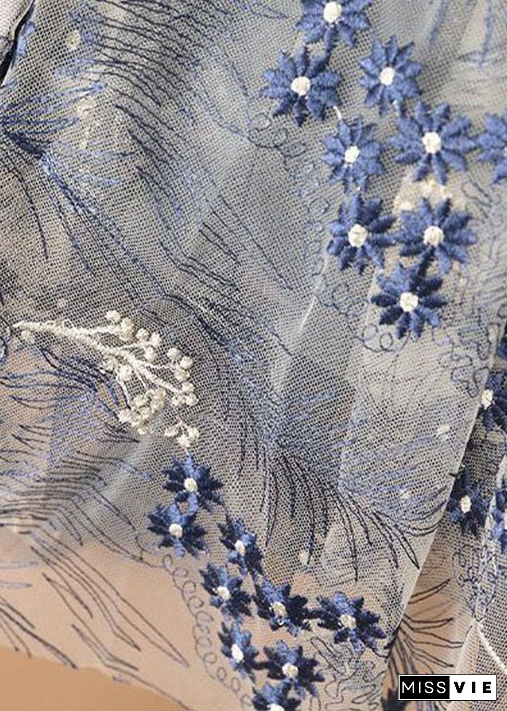 Elegant Blue Embroidery Wrinkled Tulle Skirts Summer