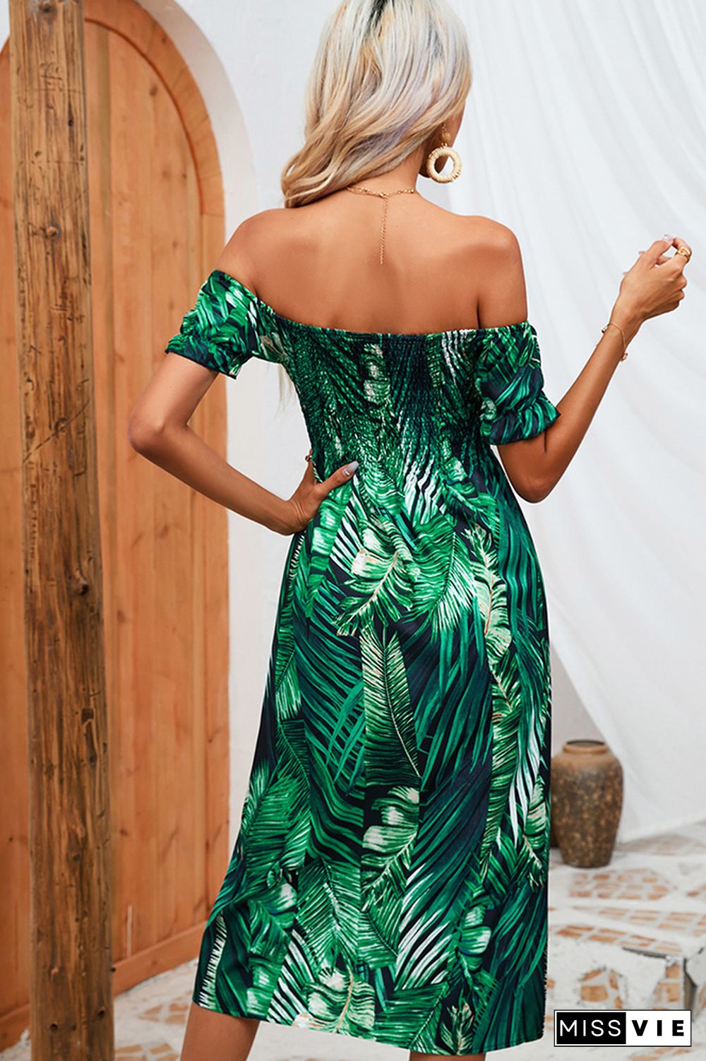 Smocked Off Shoulder Printed Midi Dress