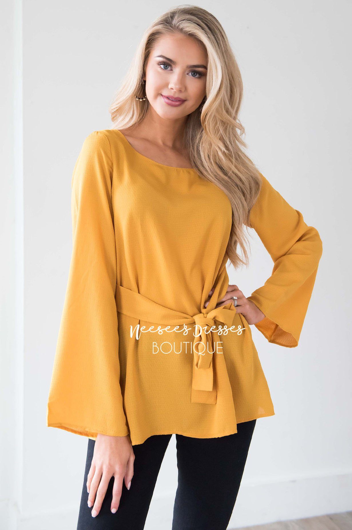 Bell Sleeve Tie Waist Blouse