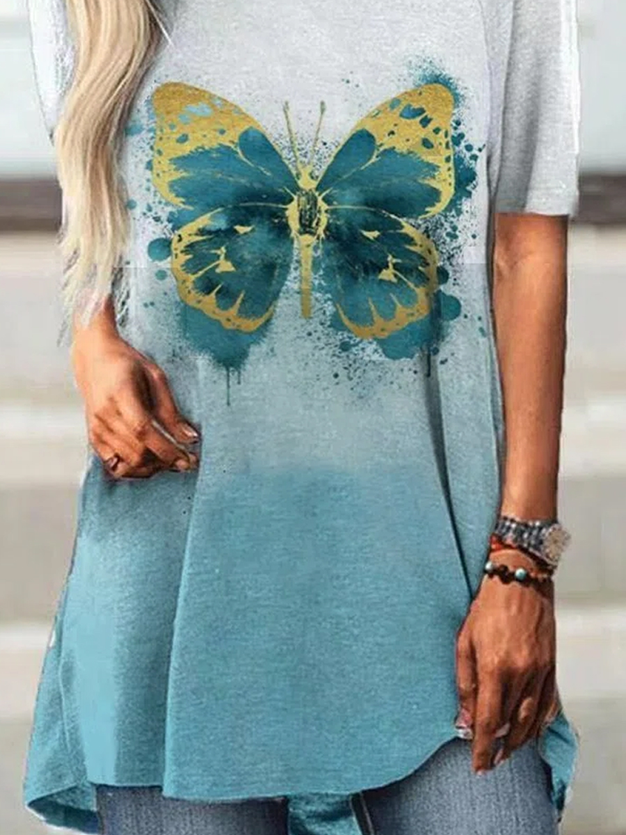 Ladies Round Neck Short-sleeved Butterfly Print T-shirt