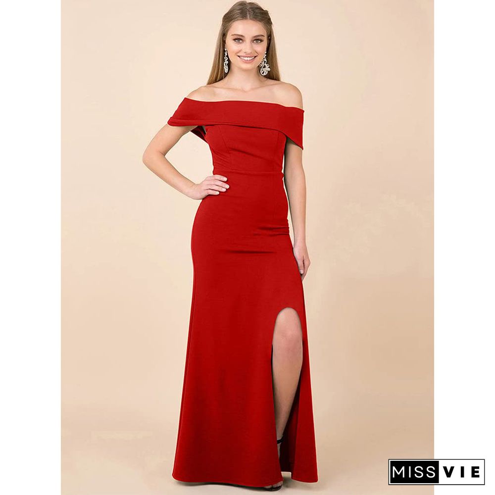 Elegant Slash Neck High Split Floor Length Evening Dress