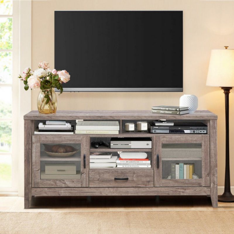 Tall Tv Stand With Glass Storage and Drawer