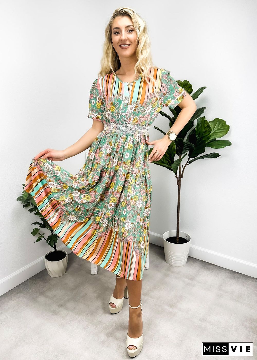 Multicolor Floral Retro Print Dress