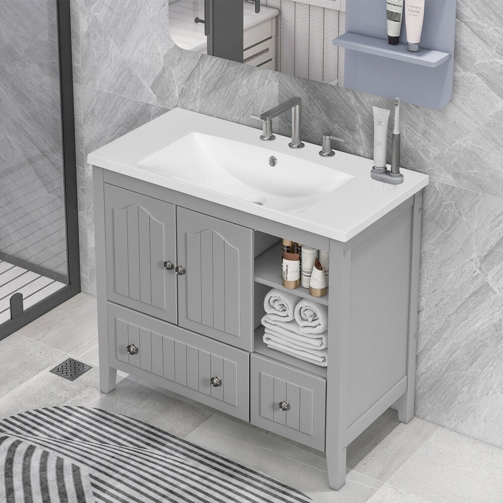 Grey Multiple Bathroom Vanity with Ceramic Basin Freestanding Cabinet