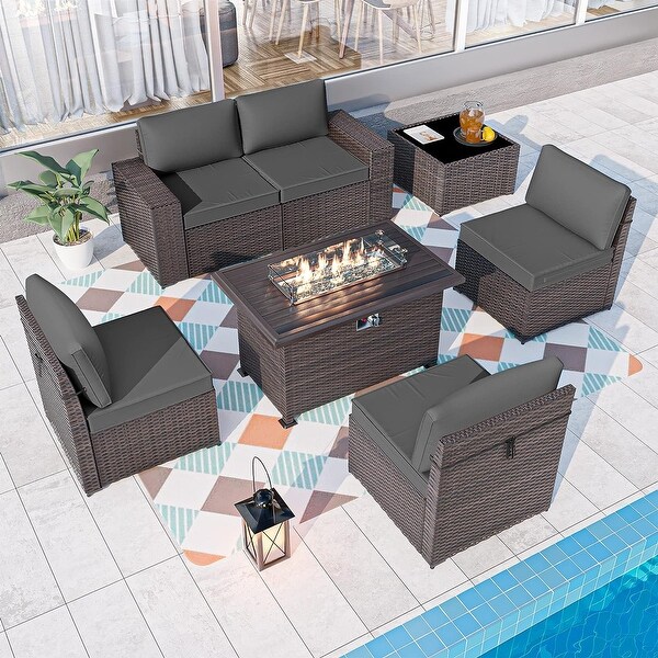 Kullavik 7 Pieces Rattan Outdoor Patio Furniture Sofa Set with Firepit