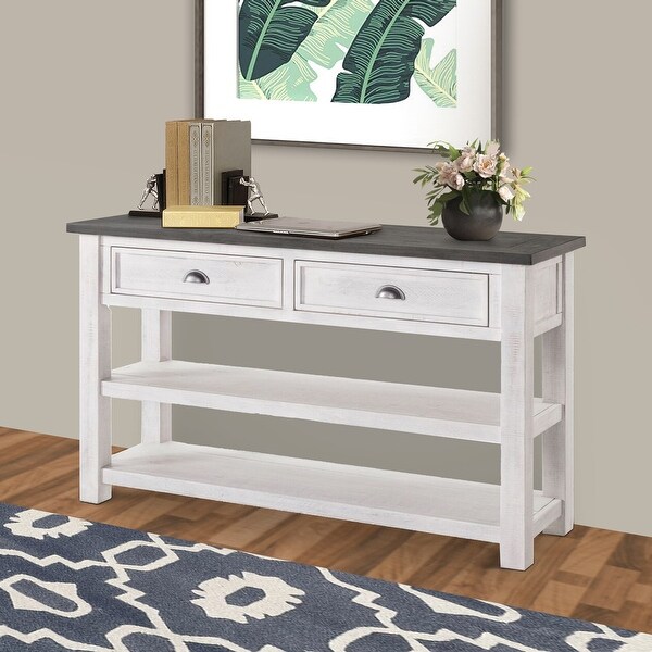 Coastal Rectangular Wooden Console Table with 2 Drawers， White and Gray