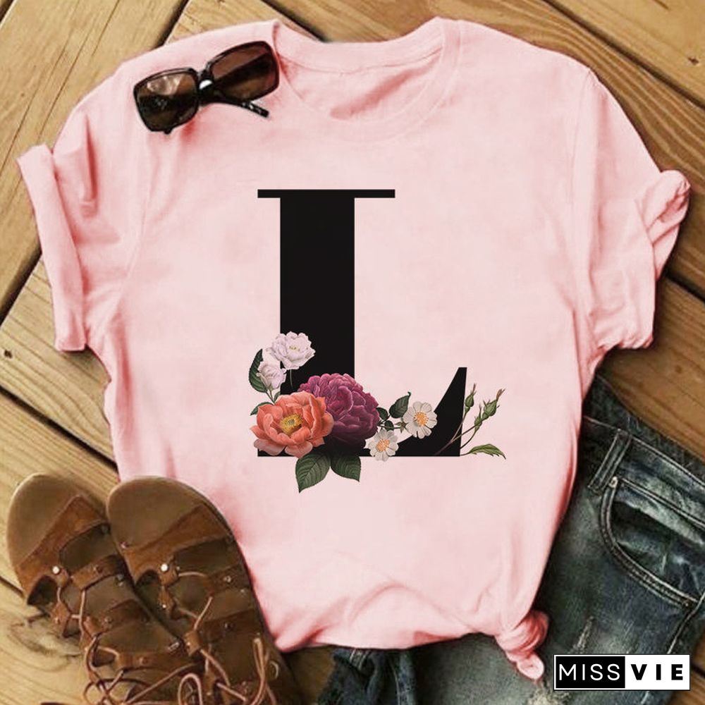 26 Letter Alphabet A-Z Women T-Shirts Fashion Breathable Flowers Short Sleeve Casual Tops Couple Basic Tee Crew Neck Clothes Top