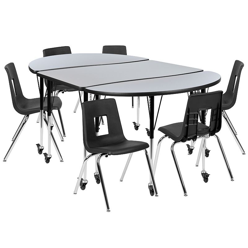 Emma and Oliver Mobile 76 Oval Wave Activity Table Set-18 Student Stack Chairs， Grey/Black