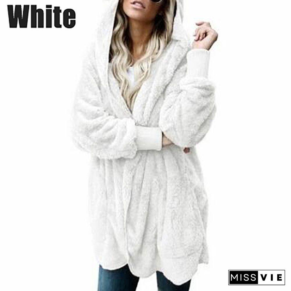 Winter Women’s Fashion Warm Outwear Solid Color Long Sleeve Sweaters Hoodies Coats Loose Plush Cardigan Coat Plus Size Coat