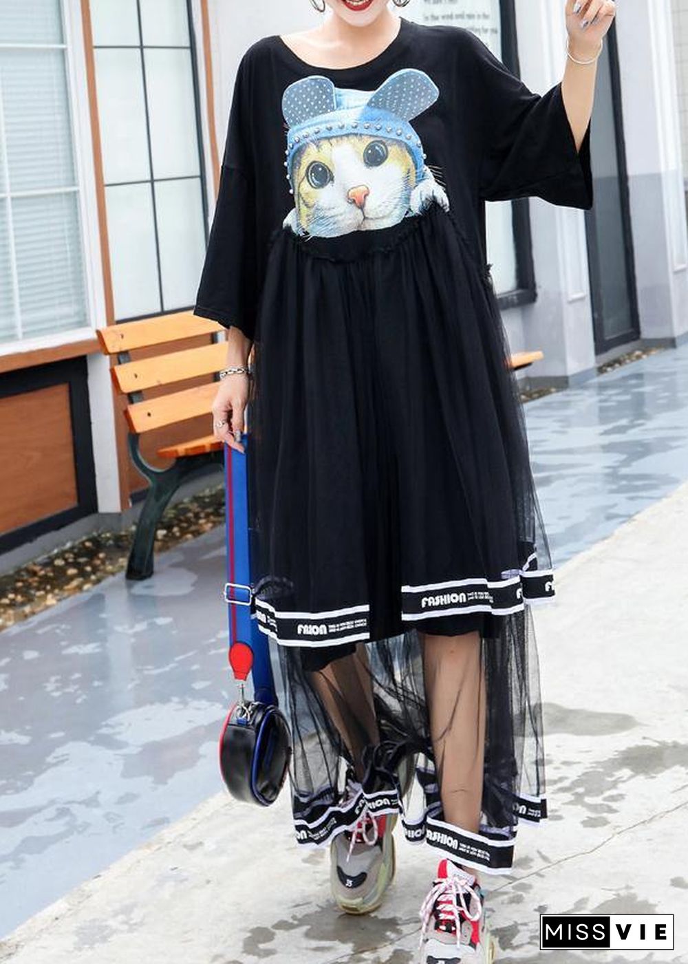 French black cotton Long Shirts patchwork tulle Plus Size  summer Dresses