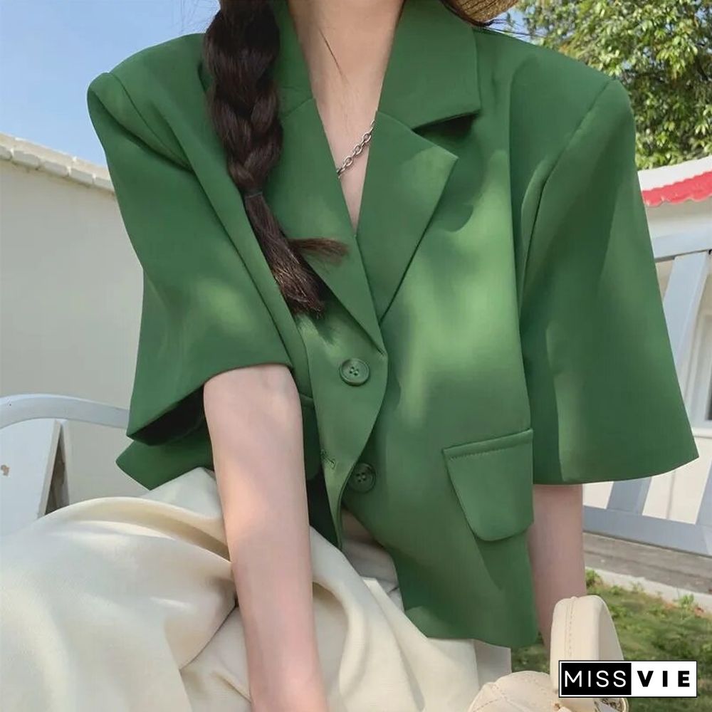 Fashion Streetwear Women Short Sleeve Suit Blazer Summer Loose Solid Top Casual Korean All-match Elegant Button Suit Blazer New