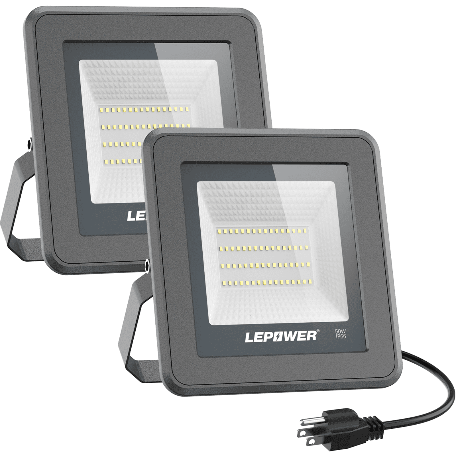 LEPOWER 2 Pack 50W LED Flood Light， 5000lm Work Light with Plug， Equiv 250W Halogen， 6000K White Light， IP66 Waterproof Outdoor Floodlight for Garage， Garden， Lawn， Basketball Court， Playground