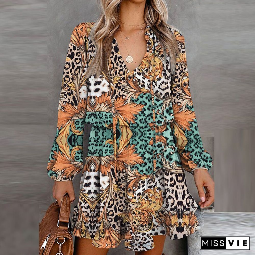 Vintage Floral Printed Mini Dress Women Casual Long Sleeve V Neck Lace-up Early Autumn Dress Fashion Loose Waist Ruffle Dresses