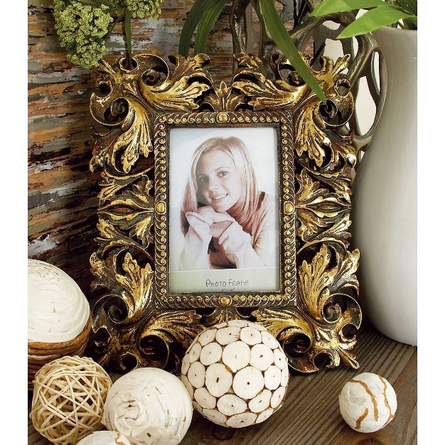 Set Of 2 Polystone Scroll Handmade Intricate Carved 1 Slot Photo Frames Gold Olivia amp May