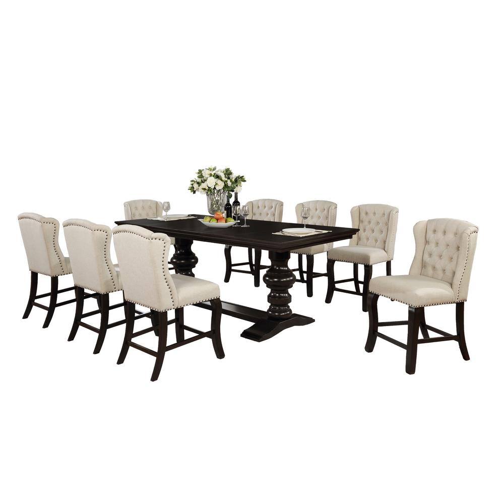 Best Quality Furniture Luisa 9-Piece Rectangular Wood Cappuccino Dining Table Set Beige Linen Fabric Chairs D31CH9