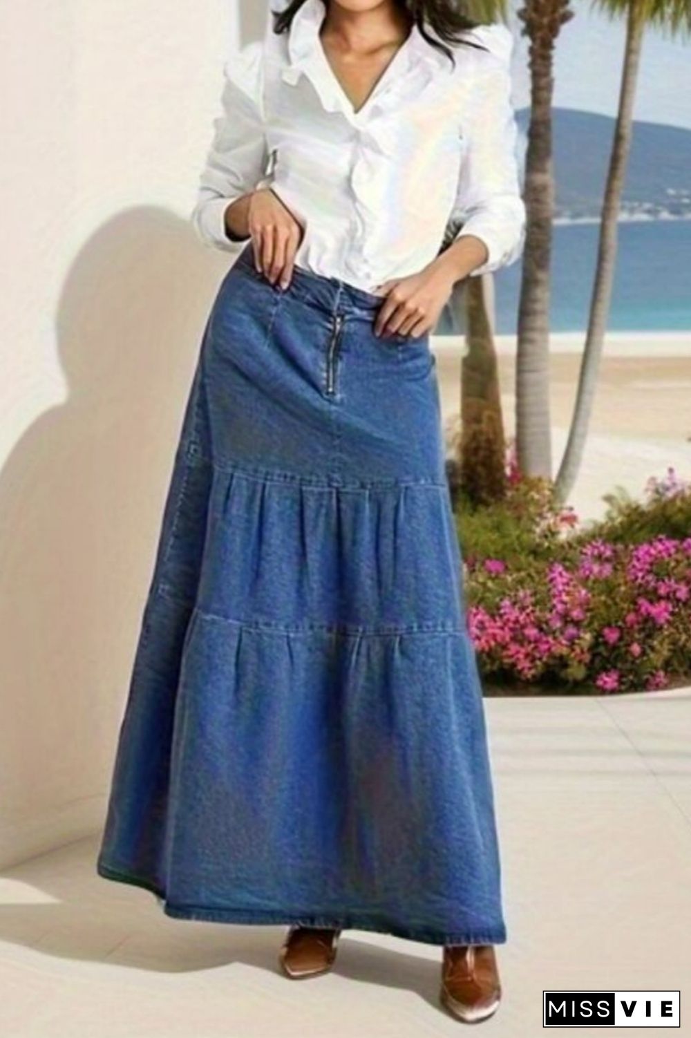 Casual Solid Patchwork High Waist Regular Denim Skirts