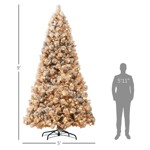 HOMCOM 6.5 ft PreLit Artificial Christmas Tree with 350 Clear Lights and 1107 Tips，Snow Flocked Christmas Tree