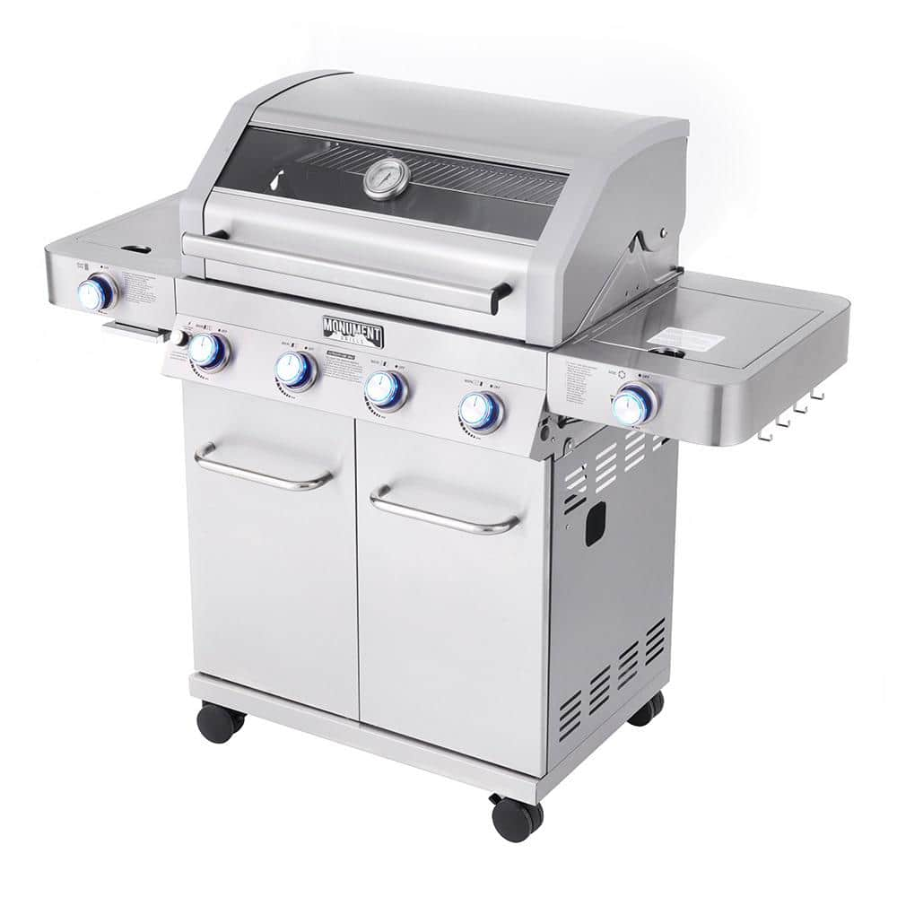 Monument Grills 4-Burner Propane Gas Grill in Stainless with Clear View Lid, LED Controls, Side and Sear Burners 35633