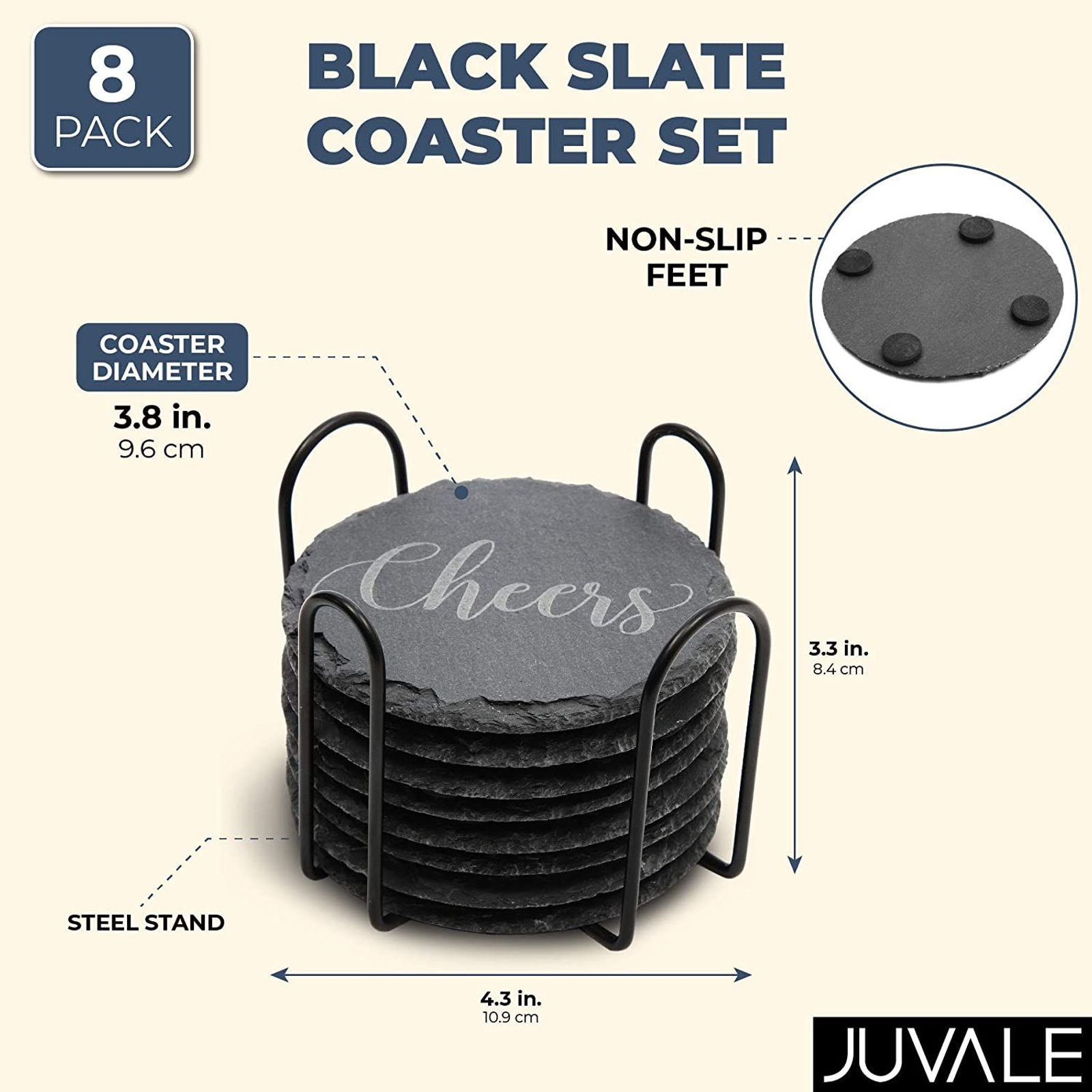 8-Pack Round Black Slate Stone Coasters Set for Drinks Cups with Steel Holder Stand 3.8-inch