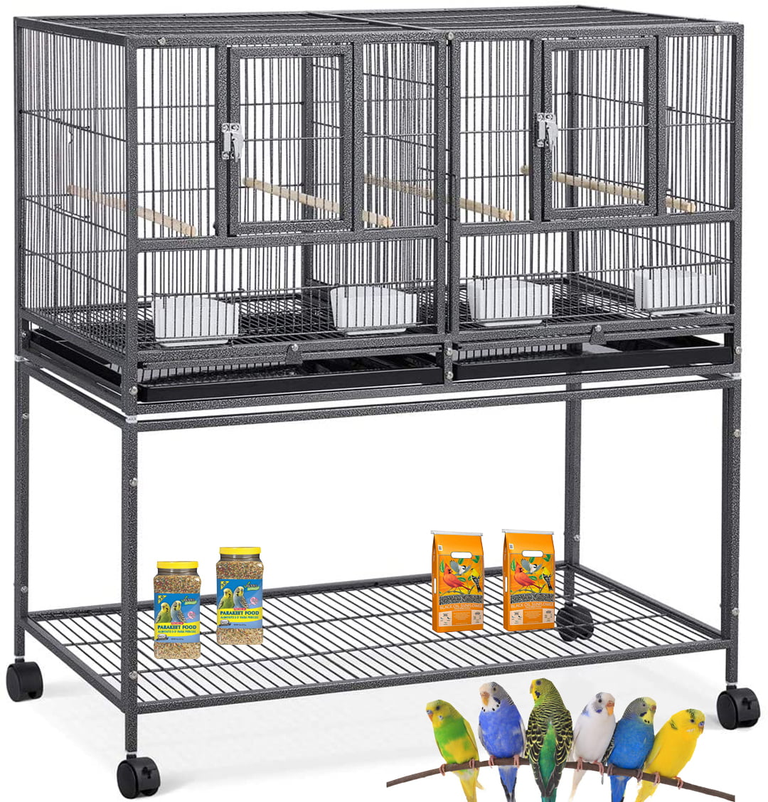 Stackable Bird Flight Breeder Cage Center Divider Side Nesting Box Doors Metal Bird Cage with Rolling Stand for Small Birds Lovebirds Finch Canaries Parakeets Cockatiels Budgies