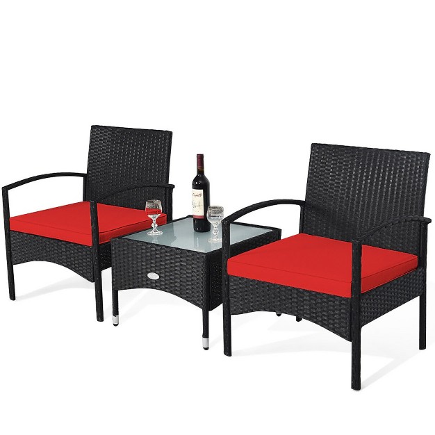 Tangkula 3 Pcs Patio Wicker Rattan Furniture Set Coffee Table amp 2 Rattan Chair W Cushion Red