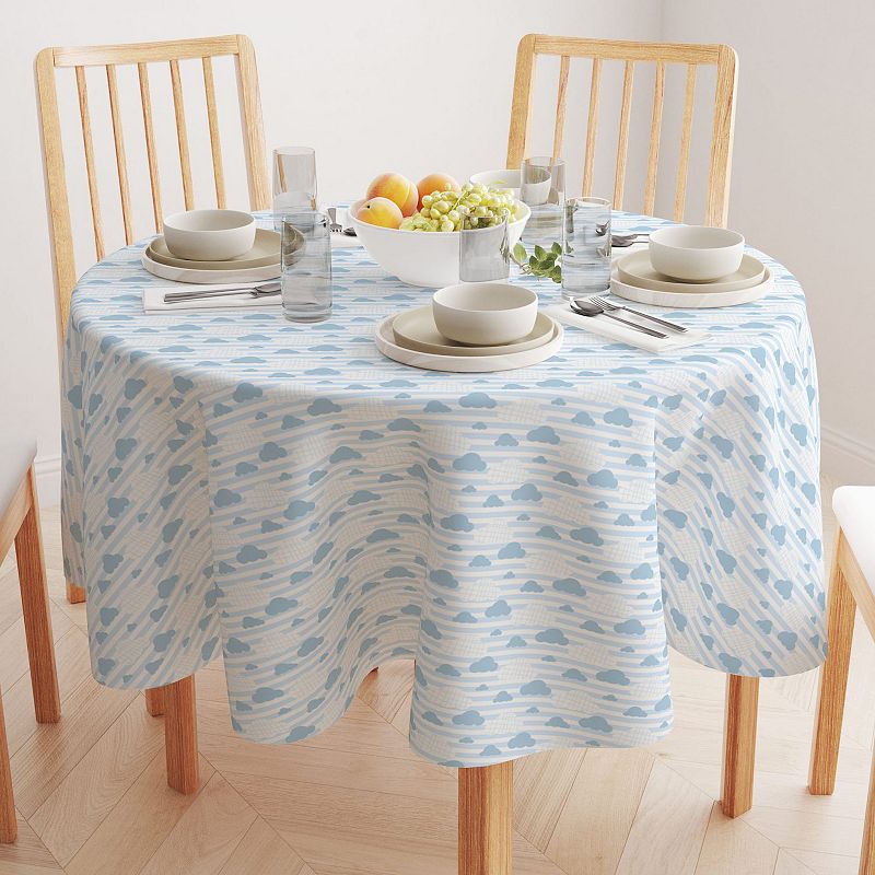 Round Tablecloth， 100% Polyester， 60 Round， Blue Clouds and Stripes