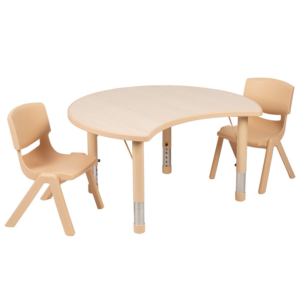 Emma and Oliver 25.125W x 35.5L Crescent Natural Plastic Adjustable Kids Table Set - 2 Chairs