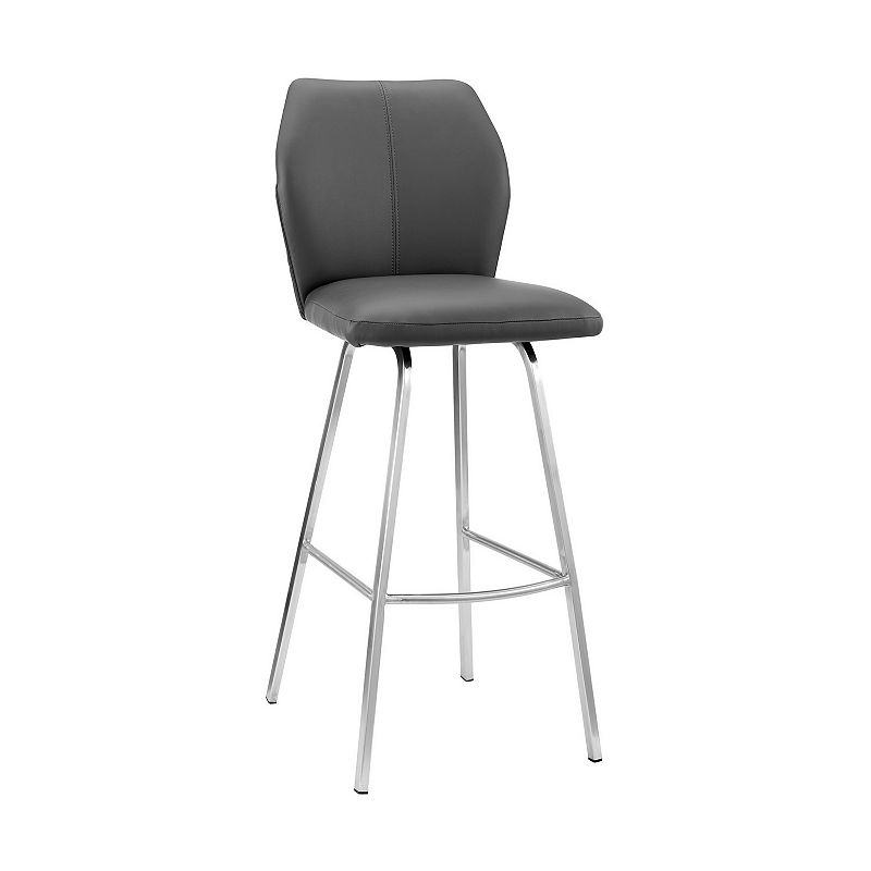 30 Inch Metal Frame Leatherette Bar Stool， Silver and Gray