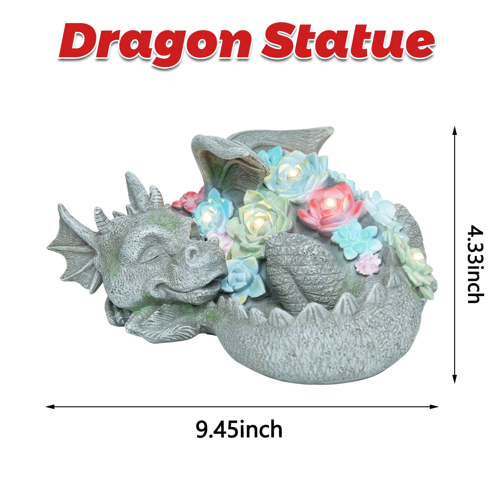 WONDER GARDEN Sleeping Dragon Statue with Solar LED Lights, 9.5