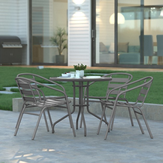 Emma And Oliver 31 5 x27 x27 Round Glass Top Metal Table With 4 Aluminum Slat Stack Chairs