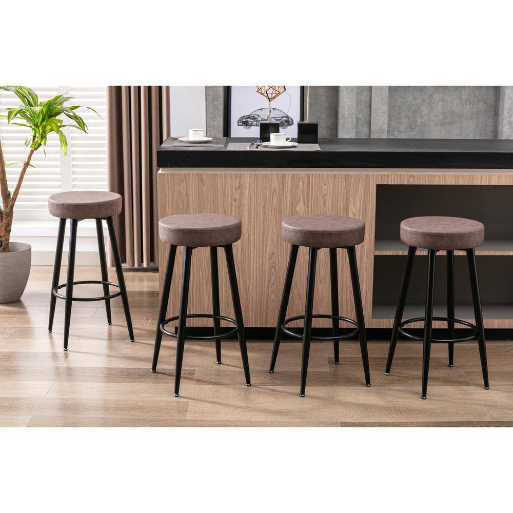 URTR 28 in. Simple Industrial Brown Metal Frame Bar Stools, Round Dining Stools, Bar Chair with Faux Leather Seat  (Set of 2) HY01918Y