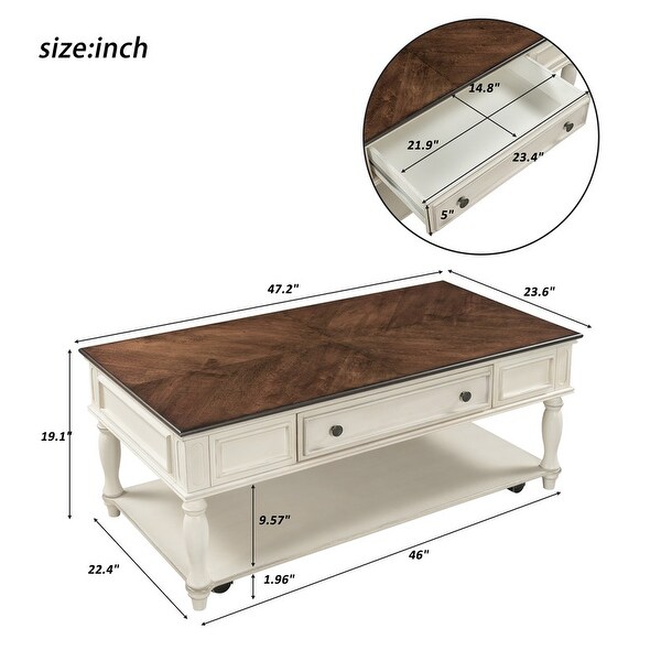 Classic wooden cocktail coffee table with removable vintage center drawers and open shelves