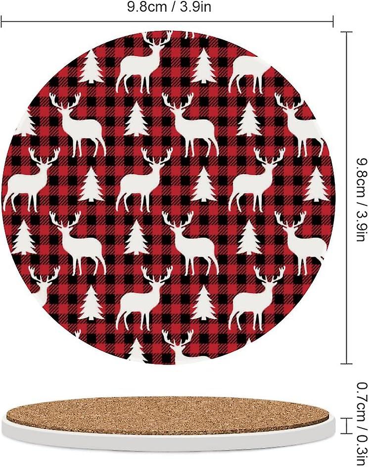 2pcs Round Christmas Deer Tree At Buffalo Plaid Ceramic Coasters With Cork-backed For Coffee Drink Cup Mat Absorbent Stone Coasters