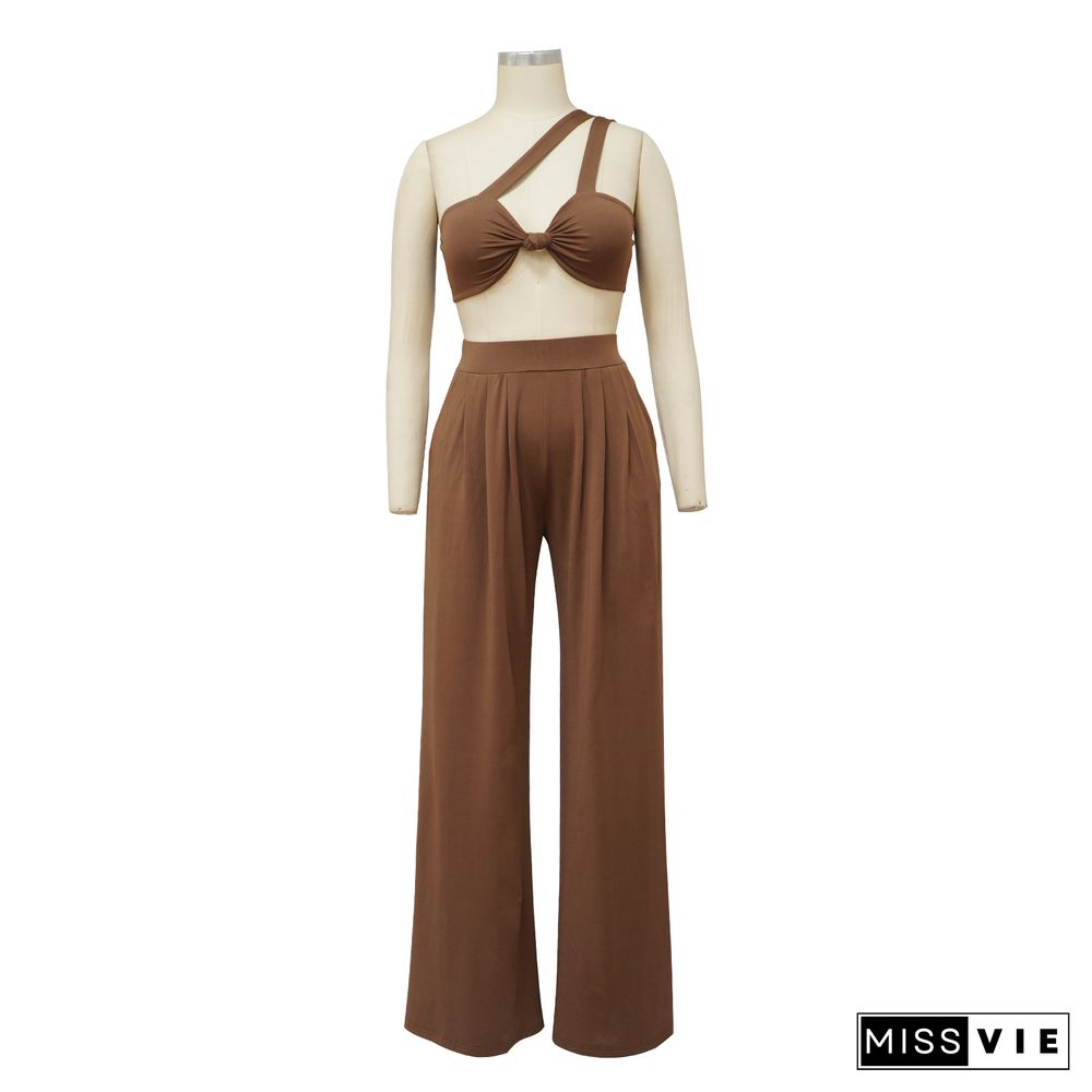 Skew Collar Crop Top Wide Leg Pants Two Piece Set