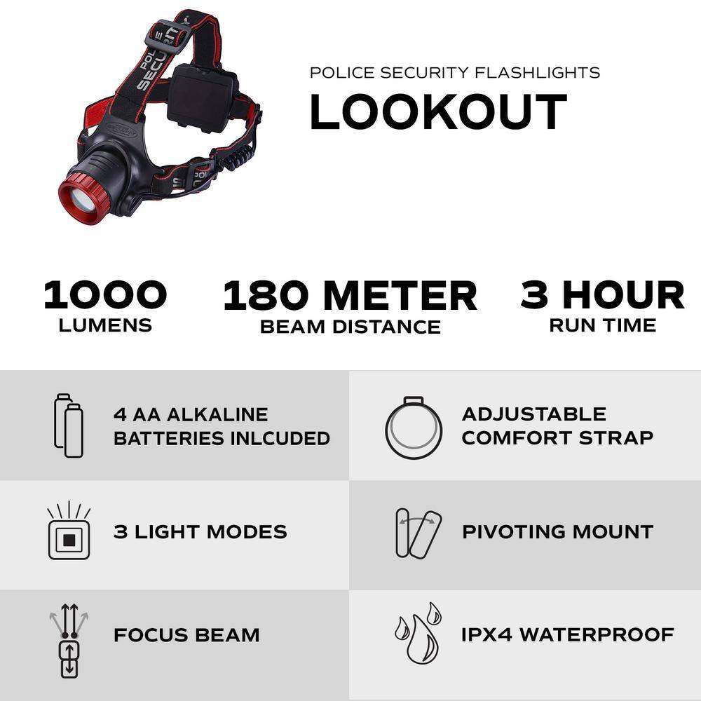 POLICE SECURITY Lookout 1000 Lumens Battery Power Headlamp Focusing Pivoting and 3-Hour Runtime on High 98070