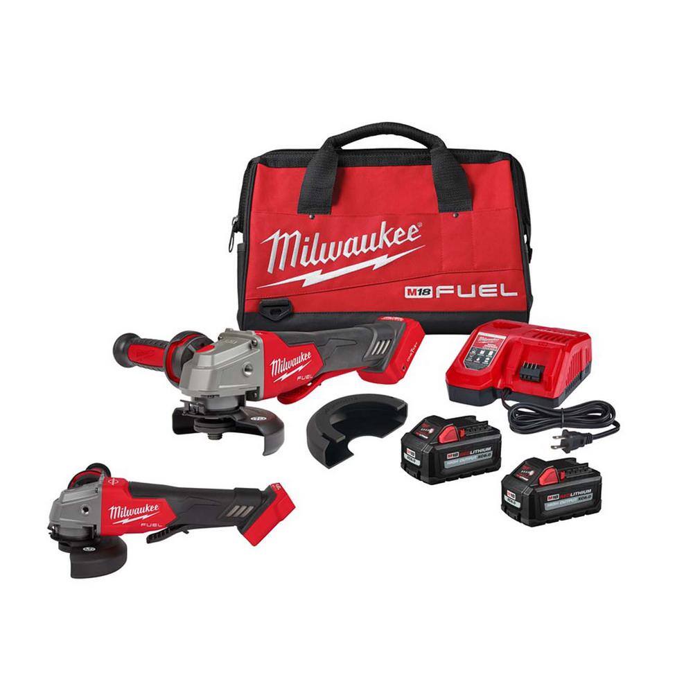 MW M18 FUEL 18V Lithium-Ion Brushless Cordless 4-12 in.5 in. Braking Grinder Kit wFUEL Angle Grinder 2882-22-2880-20