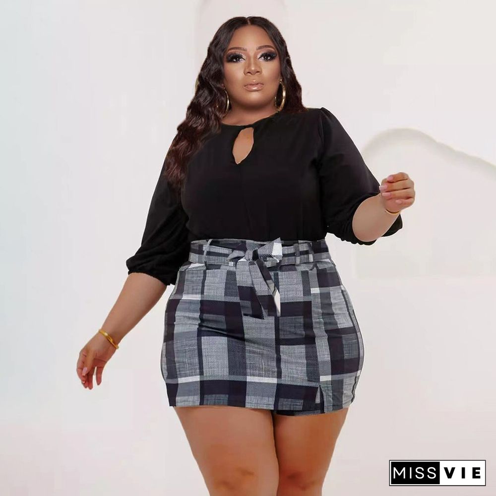 Plus Size Long Sleeve Crop Tops Plaid Skirts Set