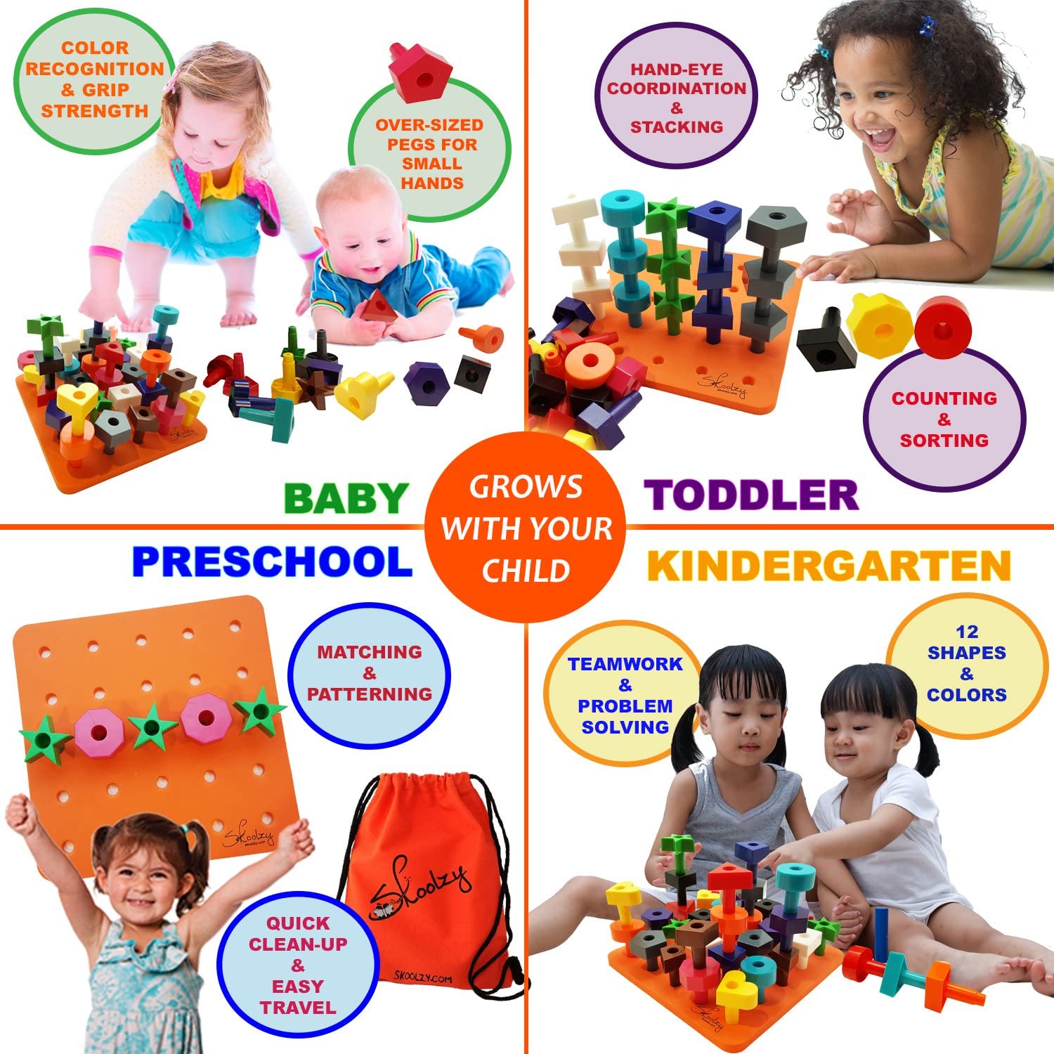 Skoolzy Peg Board Toddler Stacking Toys - STEM Color Sorting