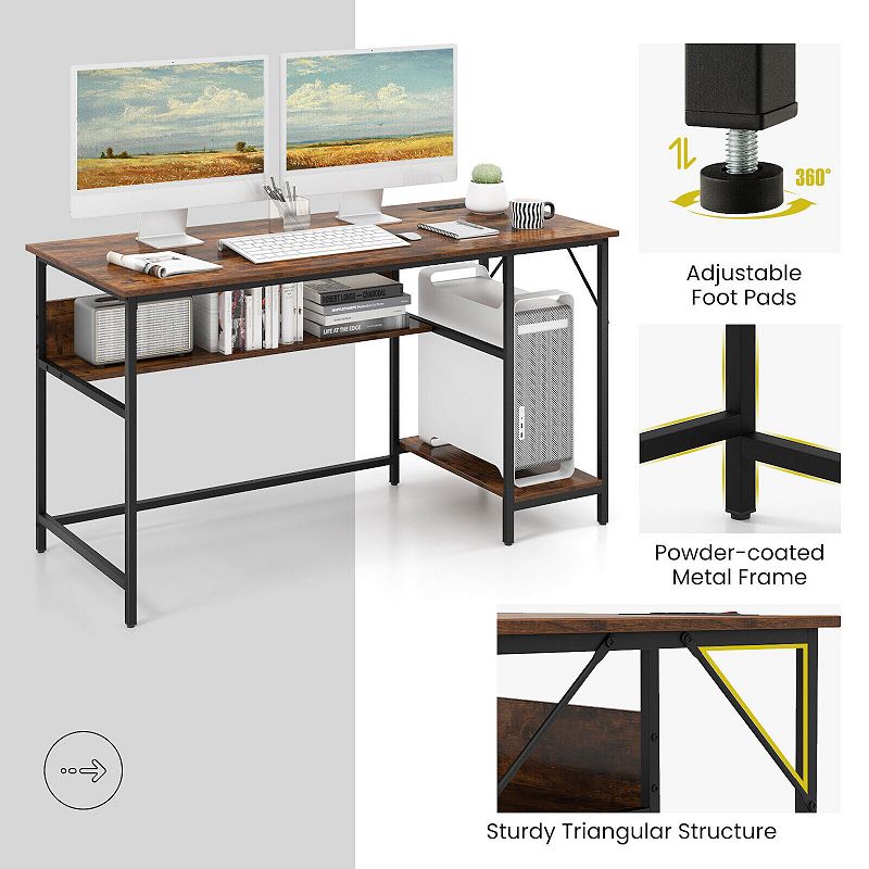 55 Inches Computer Desk With Charging Station-Brown