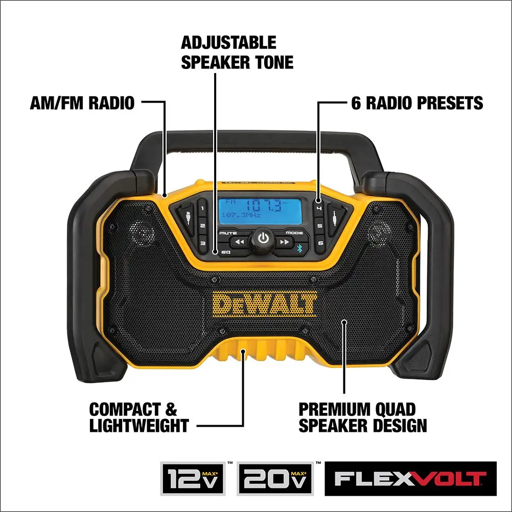 DEWALT DCR028B 12-Volt or 20-Volt Max Water Resistant Cordless Bluetooth Jobsite Radio Bluetooth Adapter