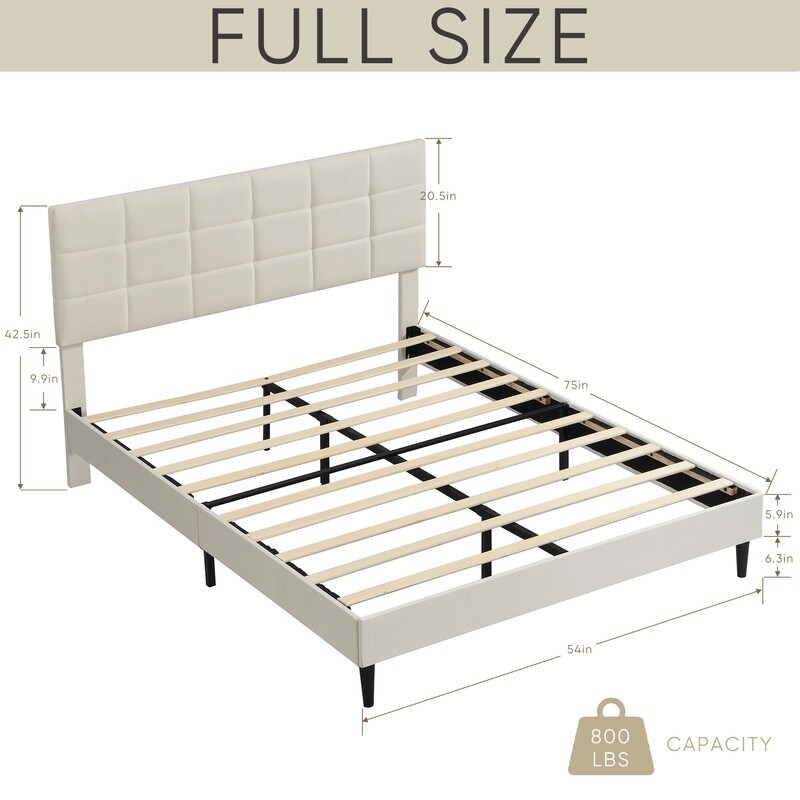 Beige Upholstered Platform Bed with Fabric Upholstered Headboard and Wooden Slats