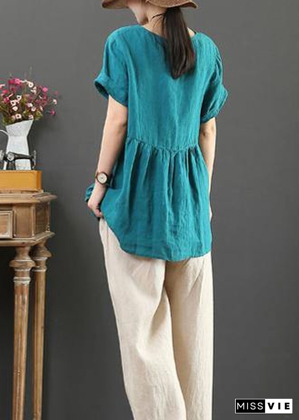 DIY o neck asymmetric linen cotton summer blue loose shirt