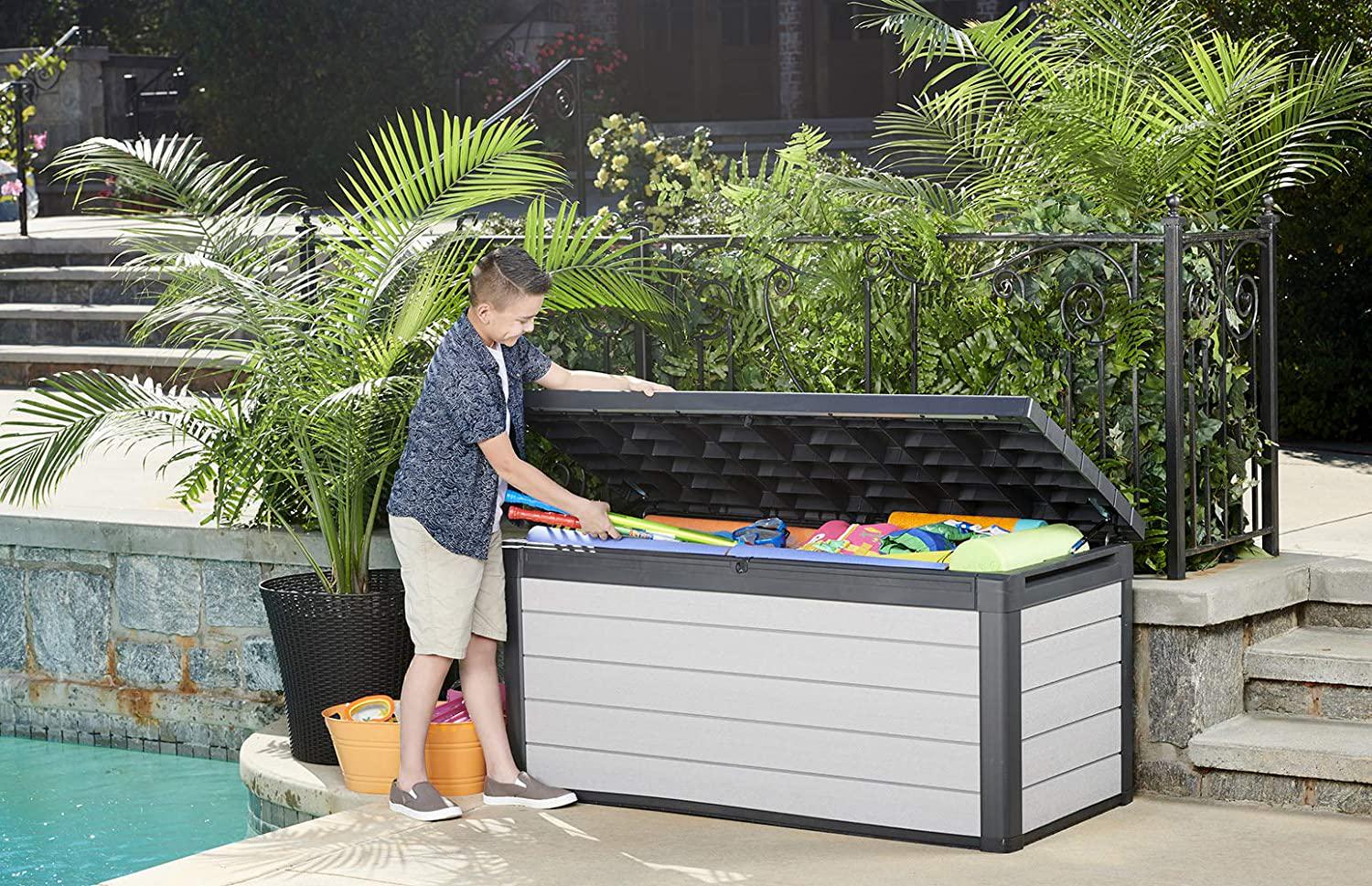 Keter Denali 150 Gallon Resin Large Deck Box - Organization and Storage for Patio Furniture, Outdoor Cushions, Garden Tools and Pool Toys, Grey and Black