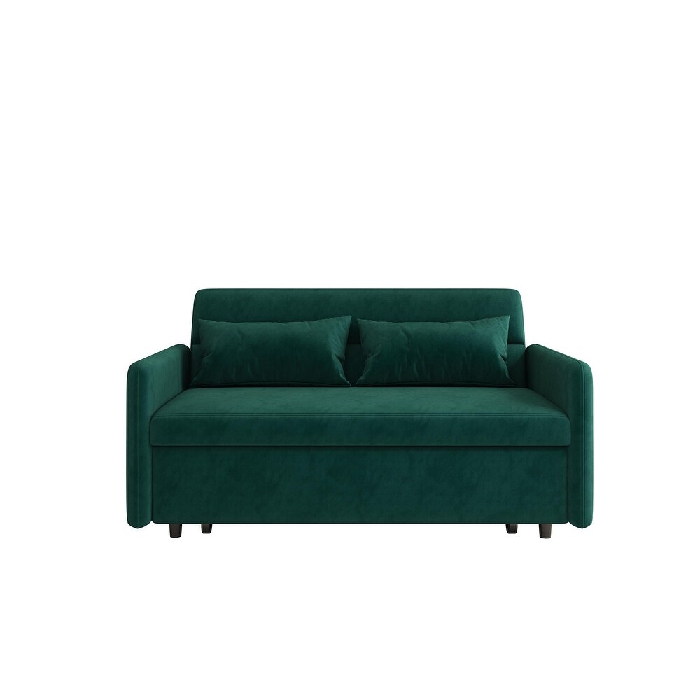 Modern Sleeper Loveseat with Pull out Sofa Bed  Pillows for Living Room  Velvet Folding Loveseat Recliner Bed with Pocket  Green