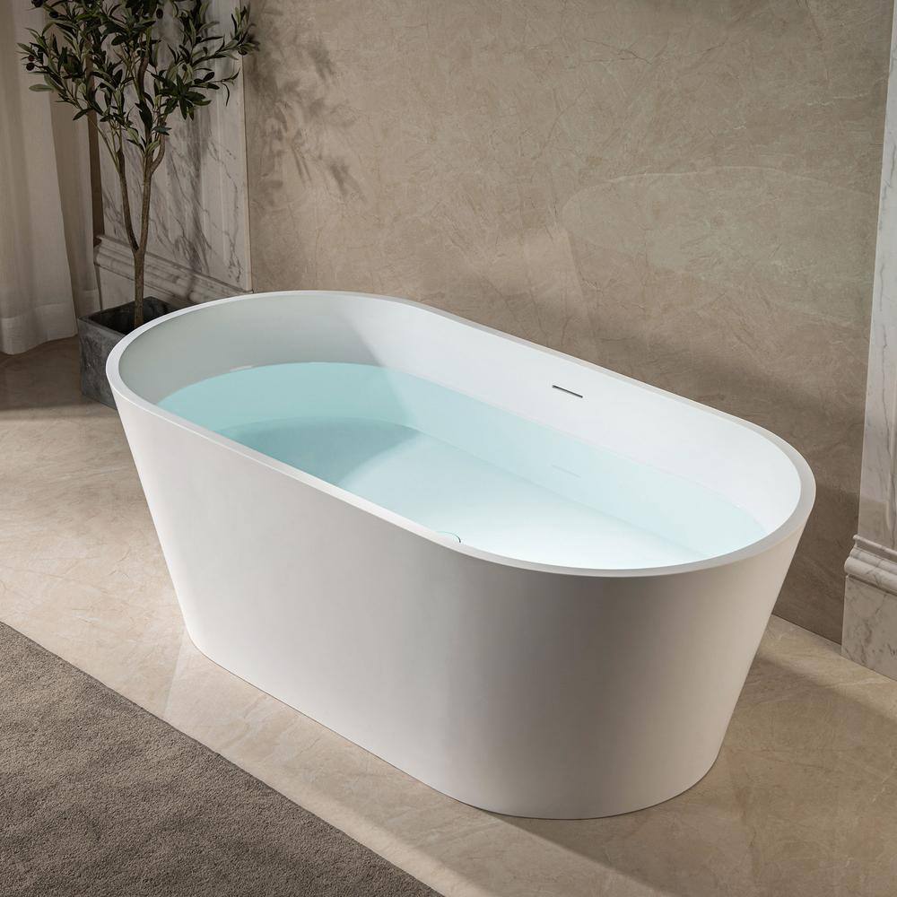 WOODBRIDGE Englewood 59 in. Solid Surface Flatbottom Freestanding Double Ended Soaking Bathtub in Matte White HBT5854