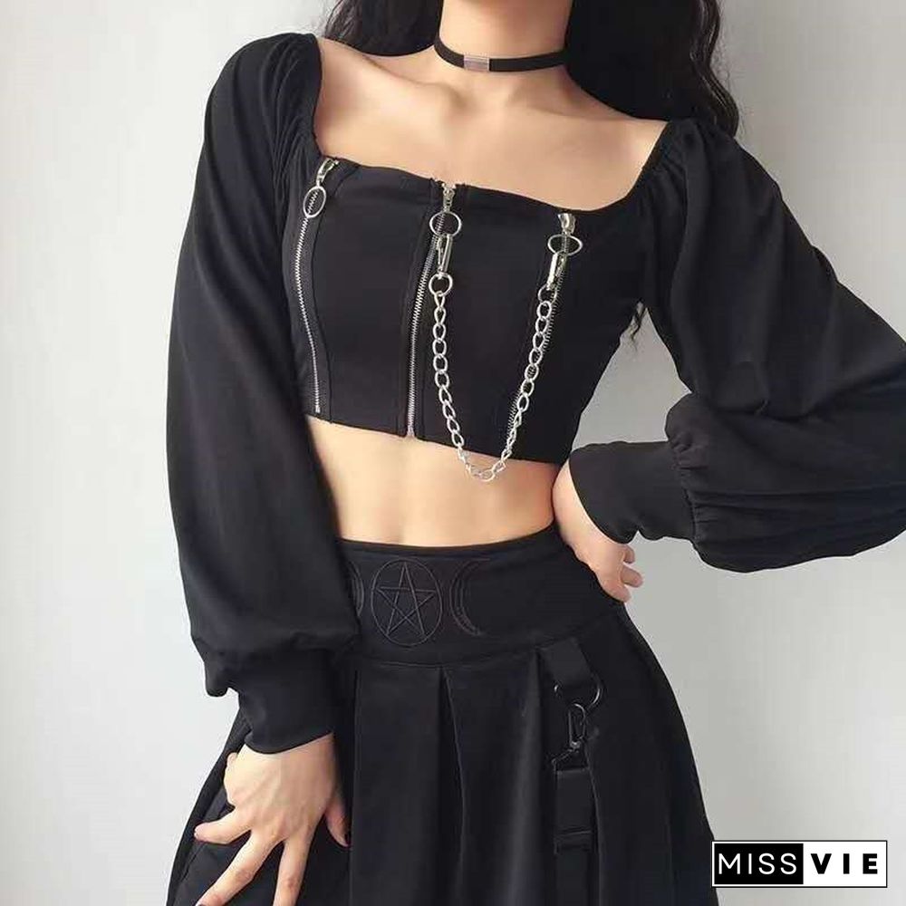 Chain Tees Women Zipper Square Collar Crop Tops Chic Slim Fit Long Sleeve T Shirt Backless Street Summer Fashion New