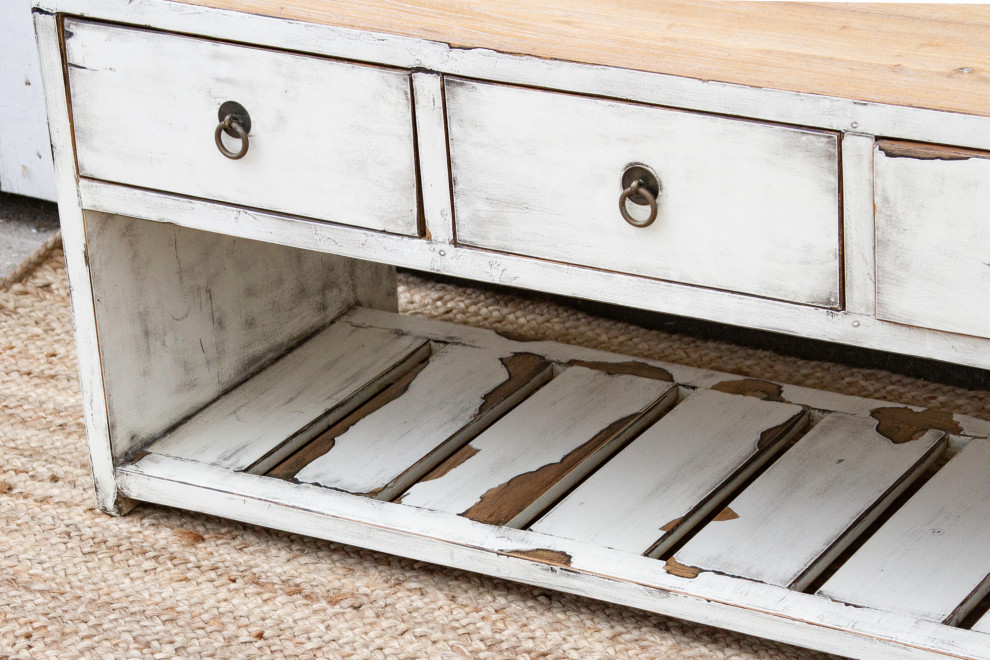 Lacquered White Three Drawer Low Console   Farmhouse   Console Tables   by De cor  Houzz