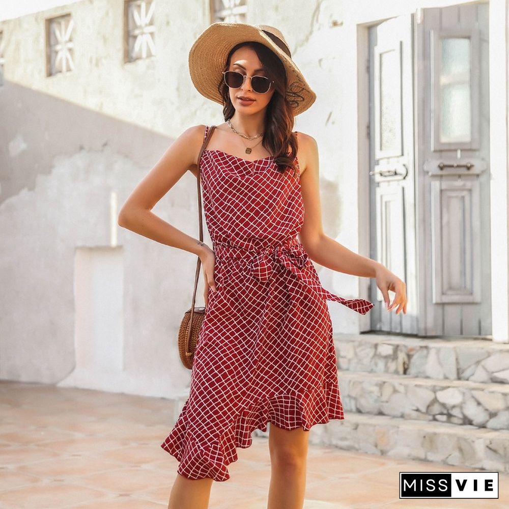 Elegant Women Summer Dresses Ruffled Irregular Hem Plaid Sling Dress New Casual Spaghetti Strap Lace-up Backless Midi Dress