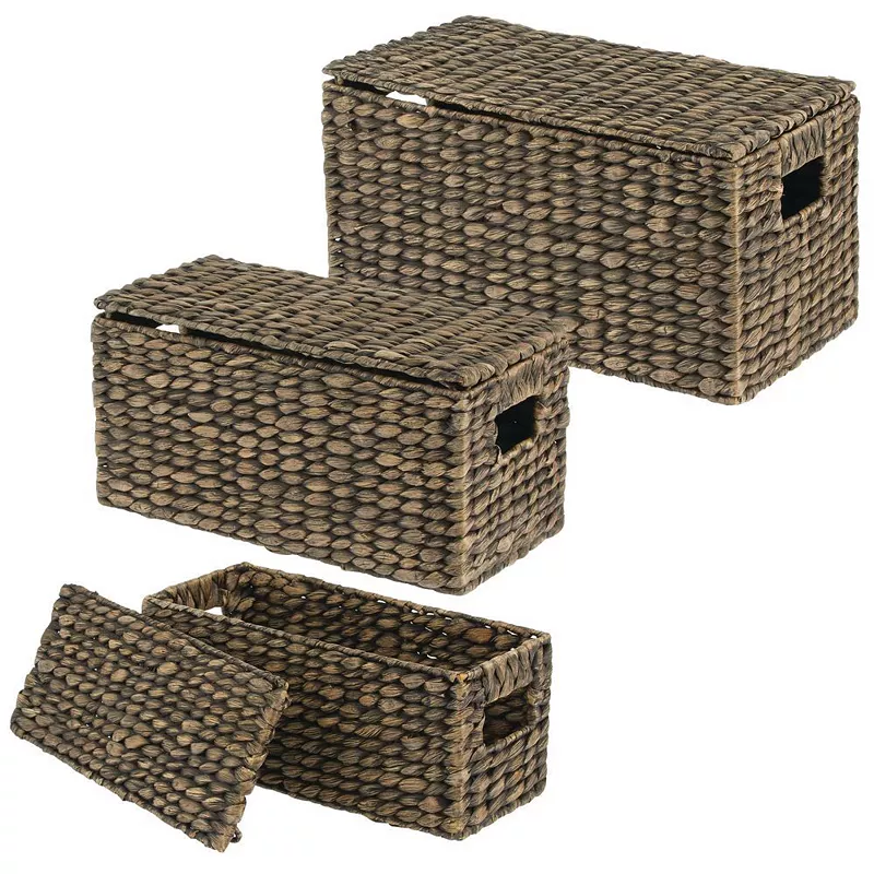 mDesign Woven Hyacinth Home Storage Basket with Lid - Set of 3